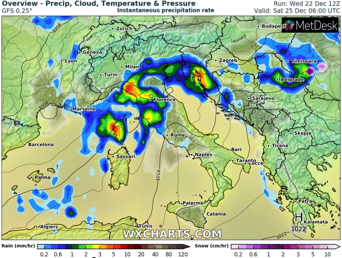 Precipitazioni previste a Natale sull'Italia