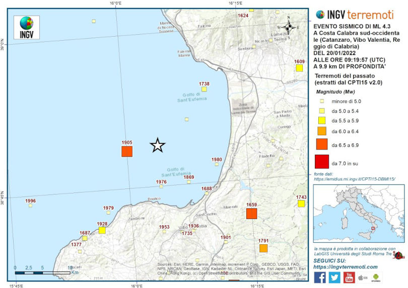 Mappa con eventi sismici del passato nella zona della Calabria Tirrenica