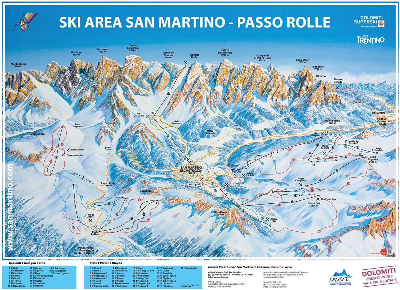 Mappa delle piste di San Martino di Castrozza